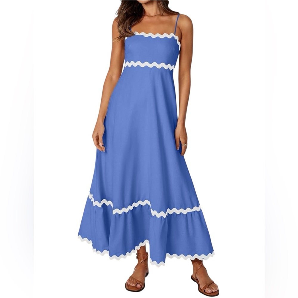 Blue Scalloped Trim Maxi Dress Women’s Large Boho Cottagecore Summer Sundress